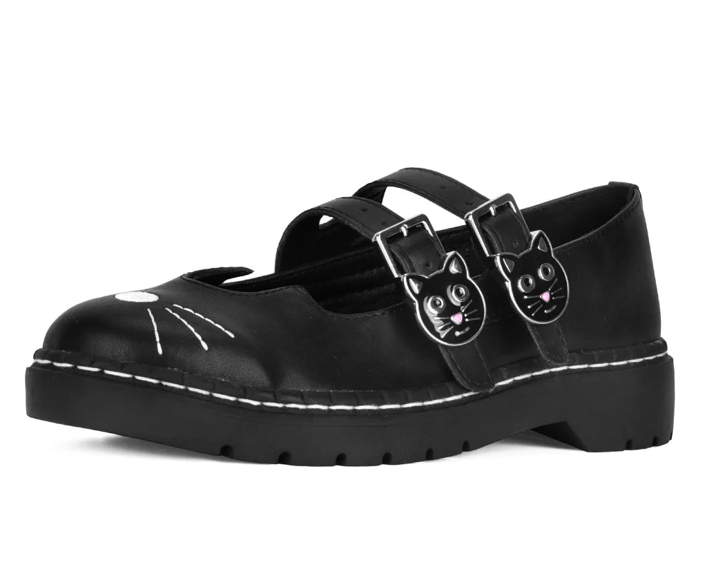 Black Leather 2-Buckle Kitty Mary Jane