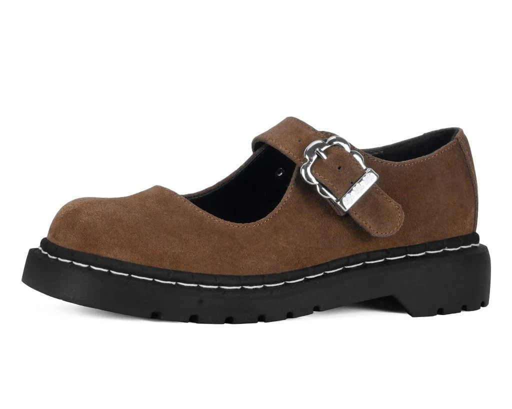 Brown Suede Flower Buckle Mary Jane