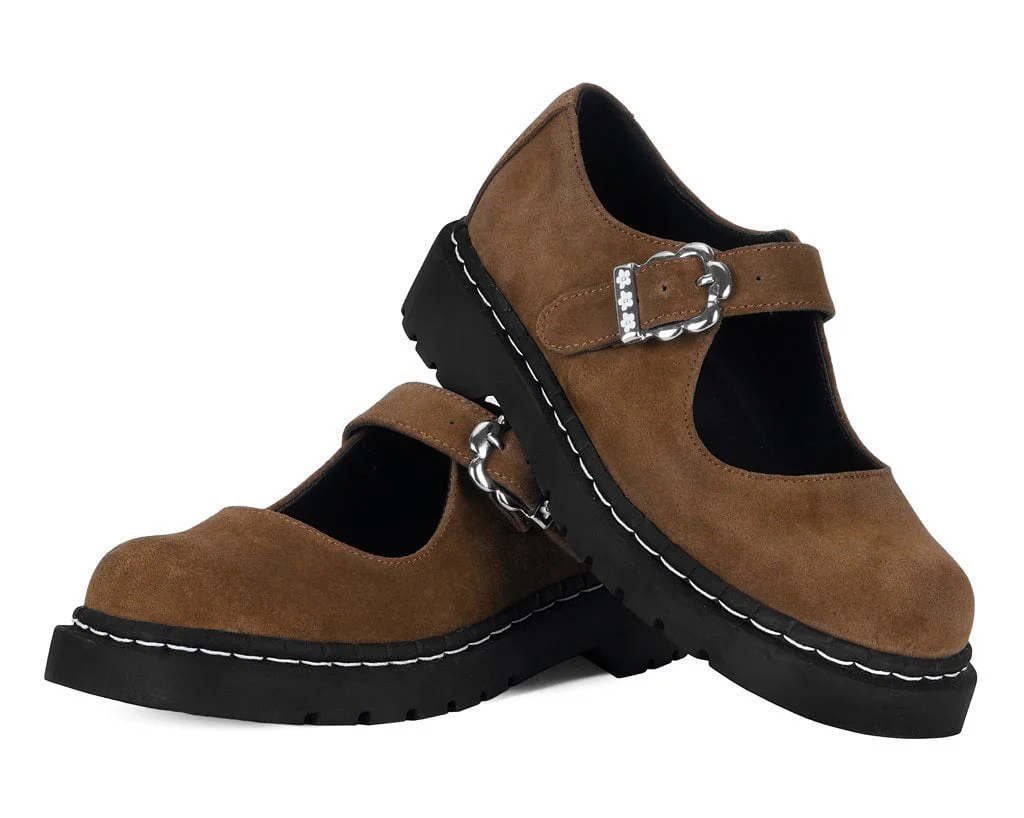 Brown Suede Flower Buckle Mary Jane