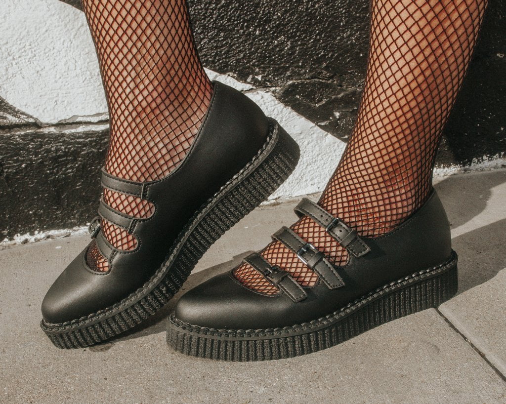 Black TUKskin™ Pointed 3-Strap Mary Jane