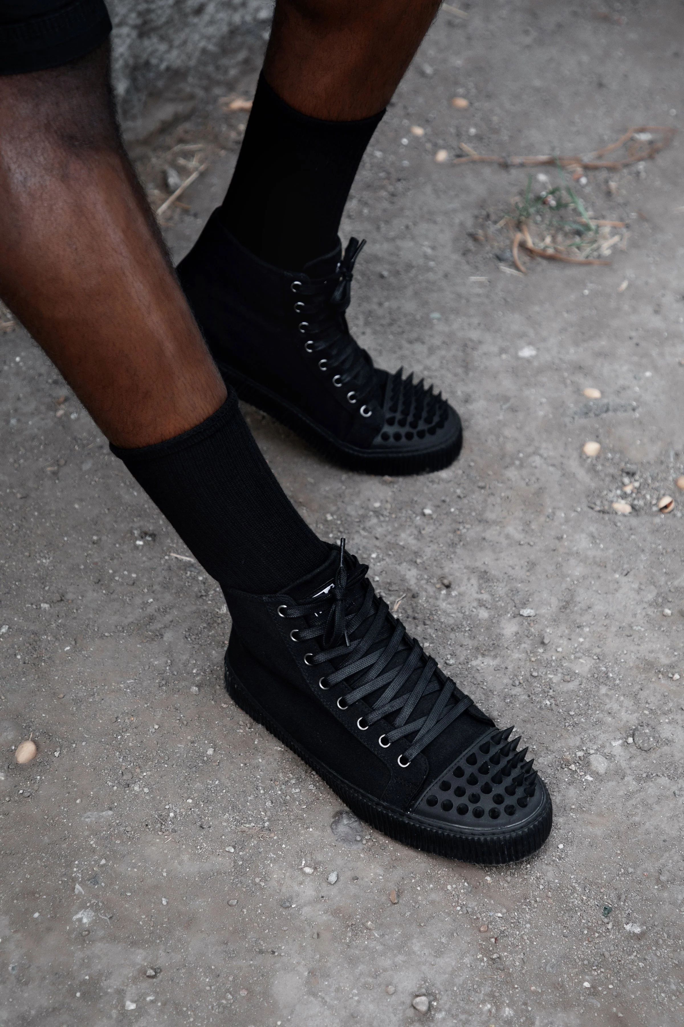 Black Twill Spiked Toe 8 Eye Sneaker Boot