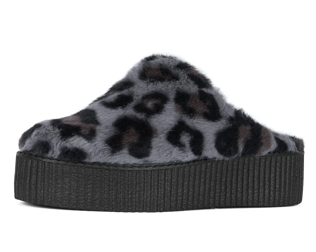 Grey Leopard Faux Fur Creeper Mule